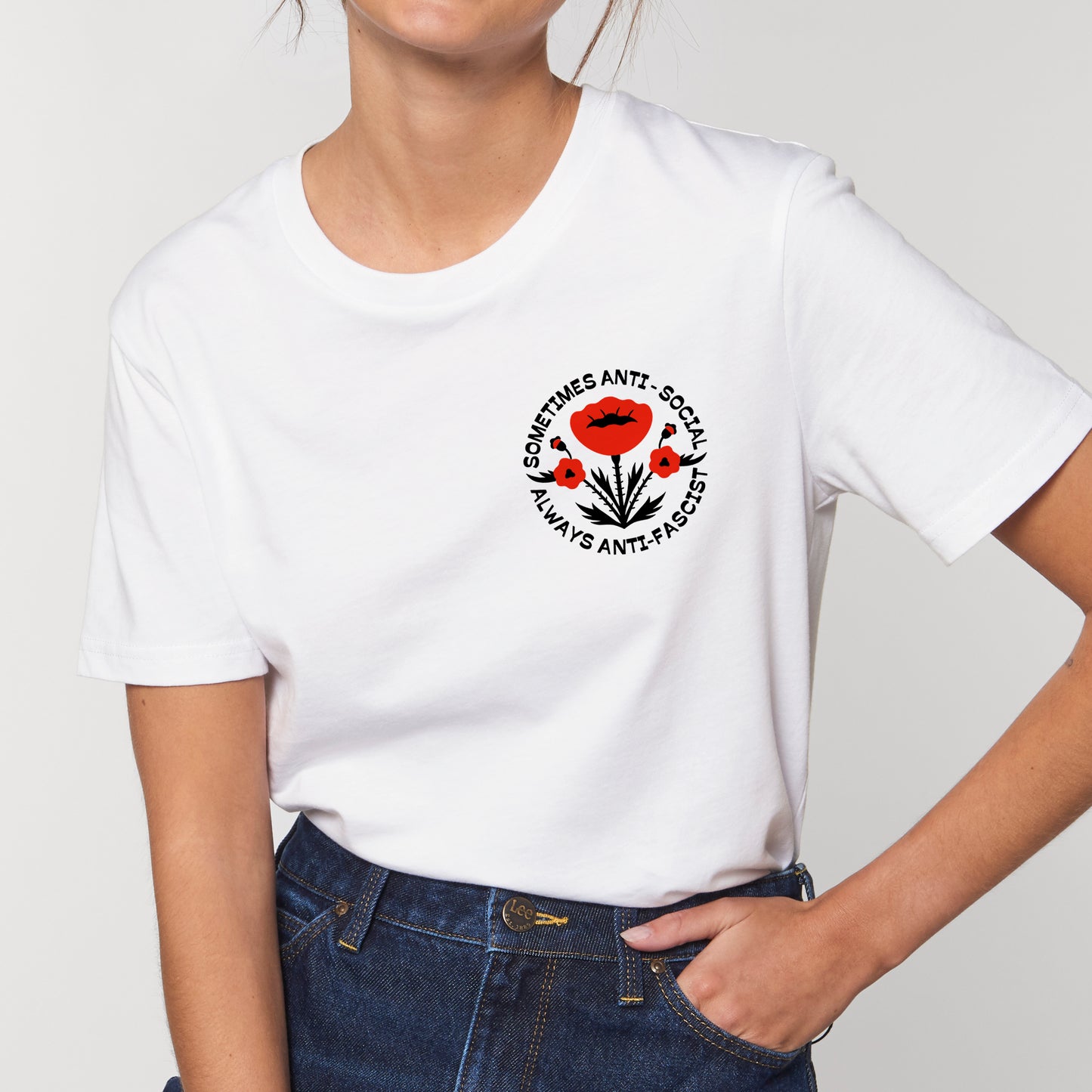 Close up detail of the screen print t-shirt 'Sometimes Anti-social Always Anti-fascist' made of organic cotton fabric