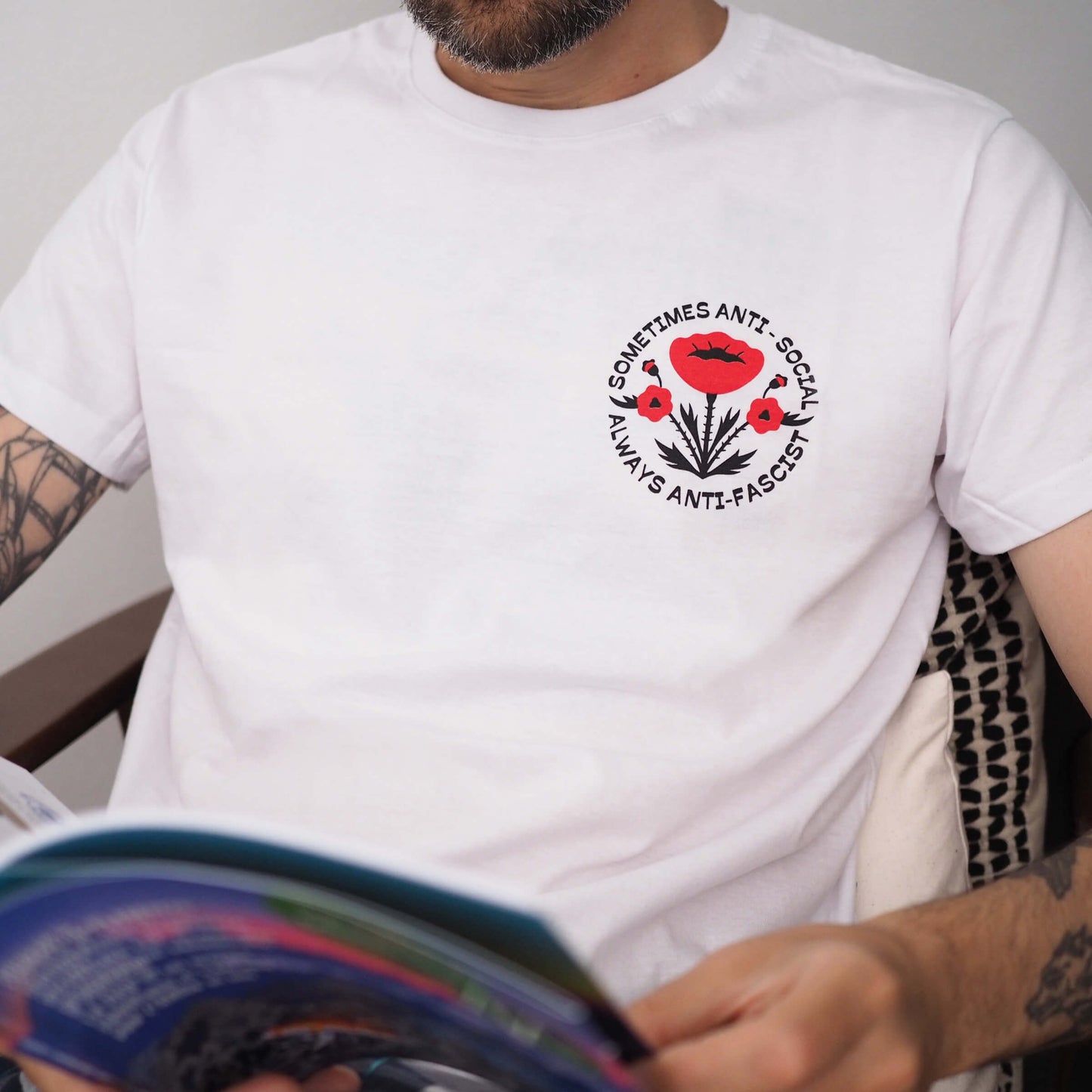 Sometimes Antisocial Always Antifascist organic cotton t-shirt with printed illustration - alternative punk streetwear style