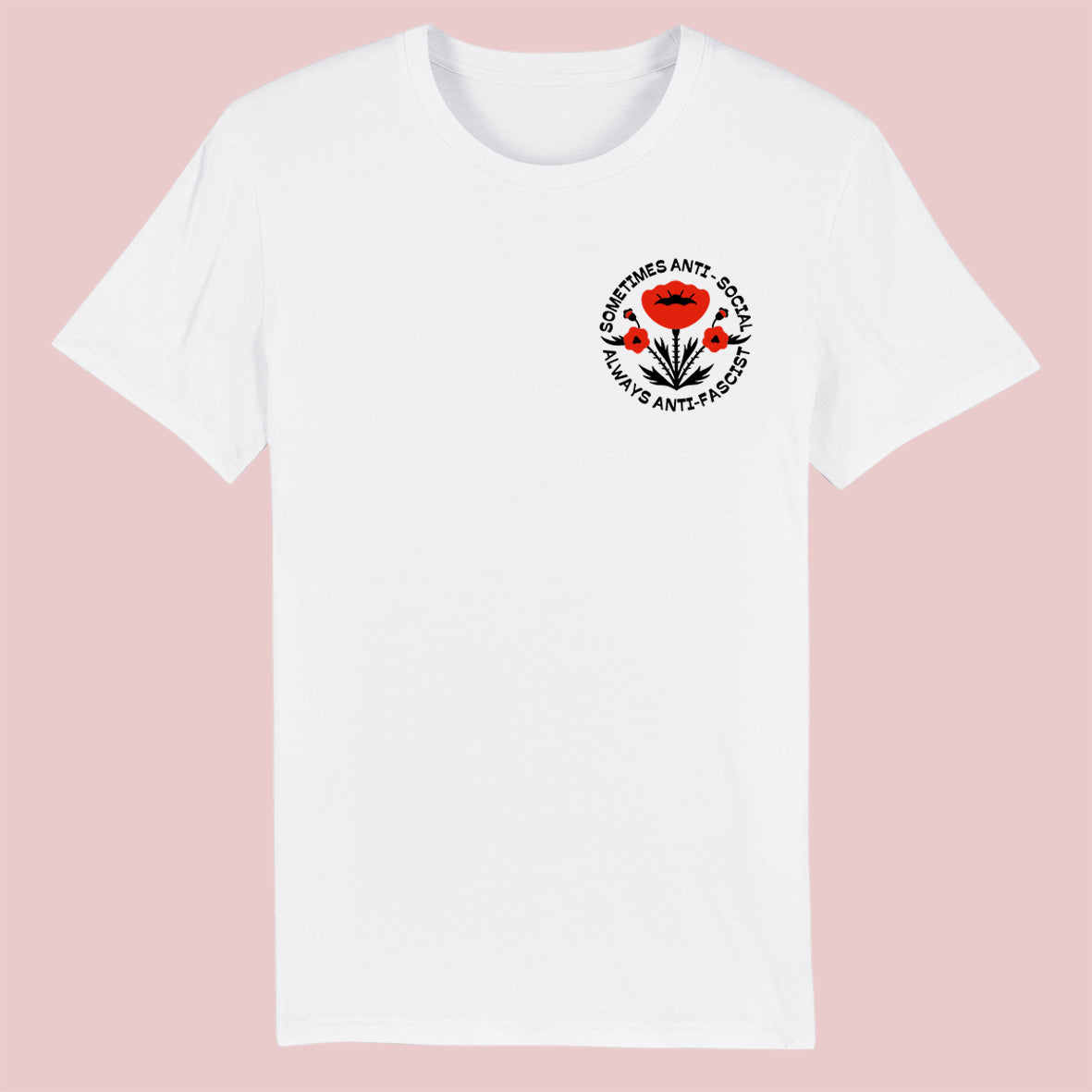 Sometimes Antisocial Always Antifascist organic cotton t-shirt with printed illustration - alternative punk streetwear style