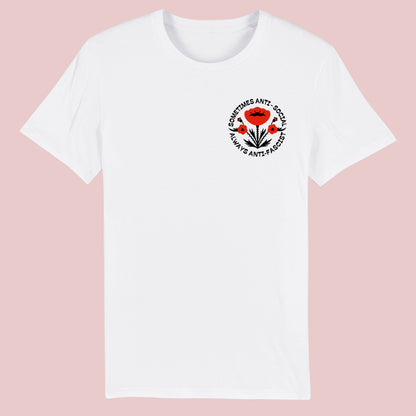 Sometimes Antisocial Always Antifascist organic cotton t-shirt with printed illustration - alternative punk streetwear style